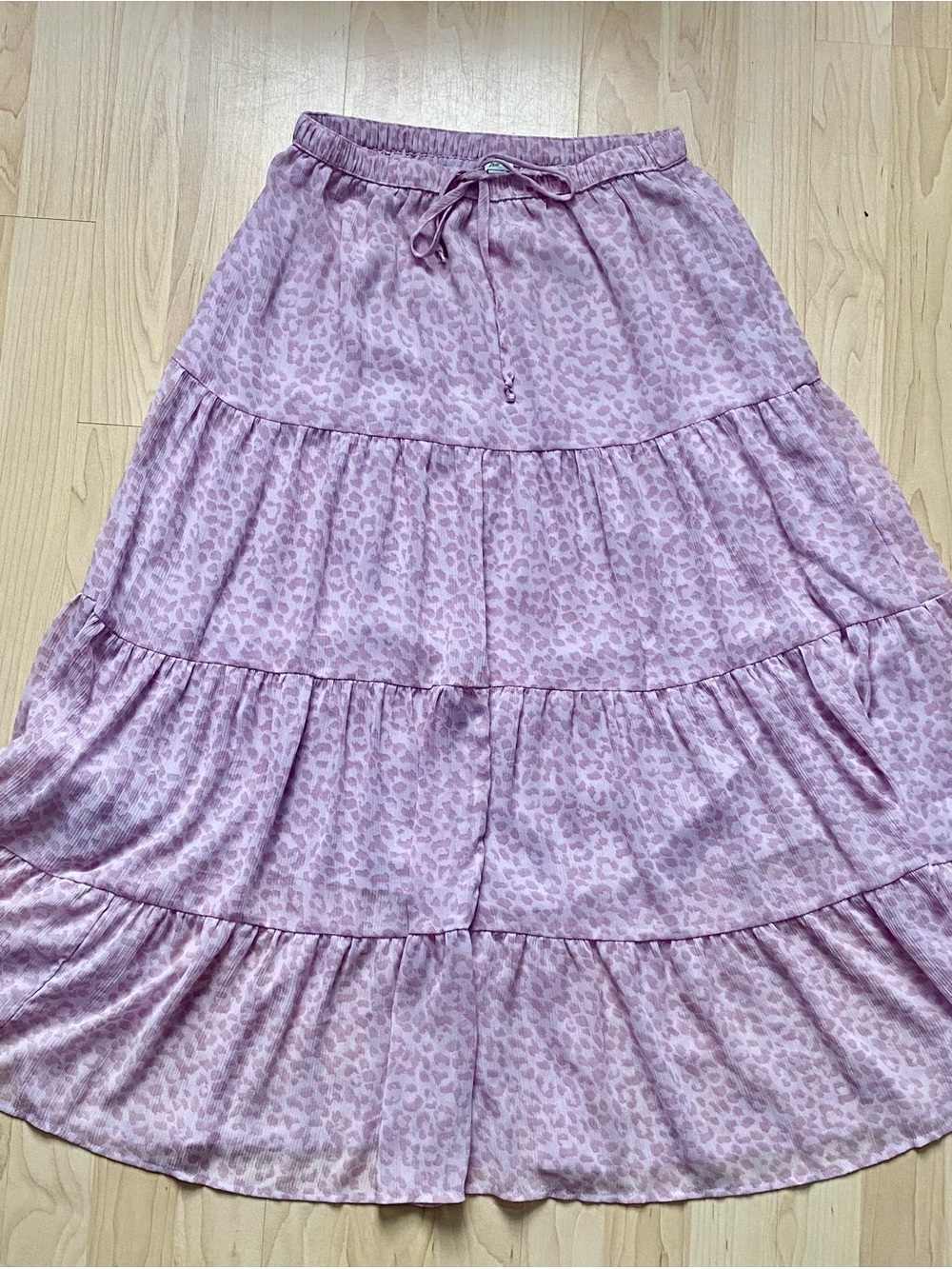 Aerie Pink Leopard Print Tiered Midi Skirt